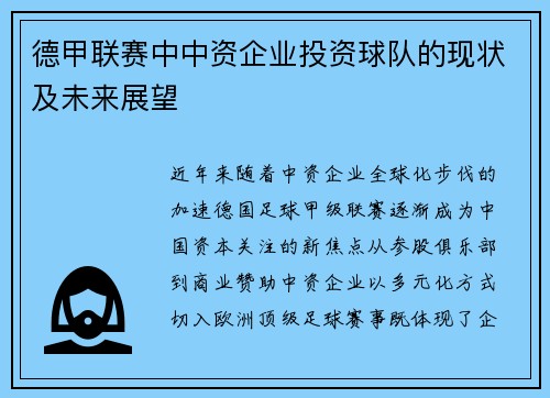 德甲联赛中中资企业投资球队的现状及未来展望